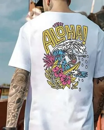 Aloha! Surfing Skull Print Men's T-shirt