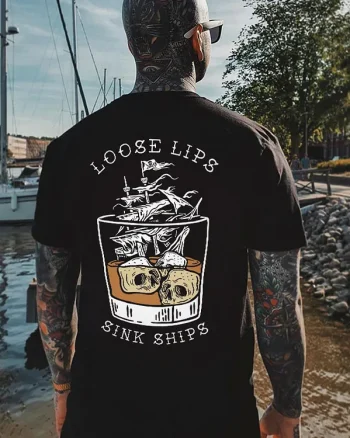 Loose Lips Sink Ships Printed Skull T-shirt